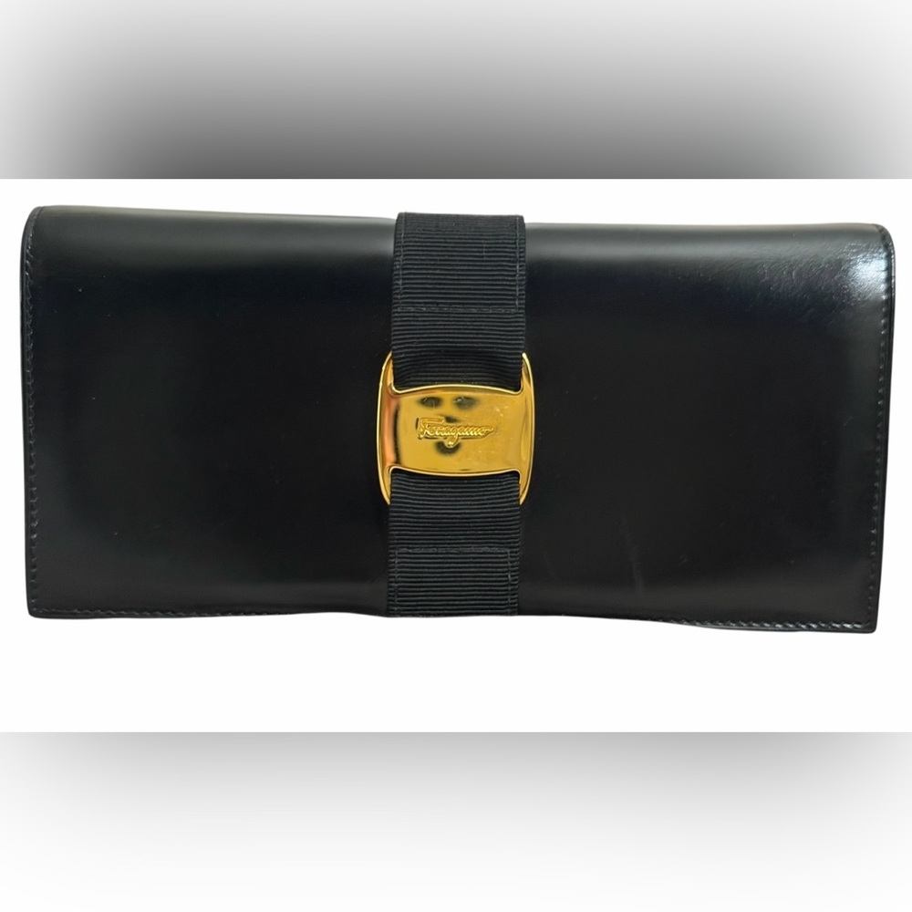 Salvatore Ferragamo Vara Bow Black Leather Wallet with Gold Detail